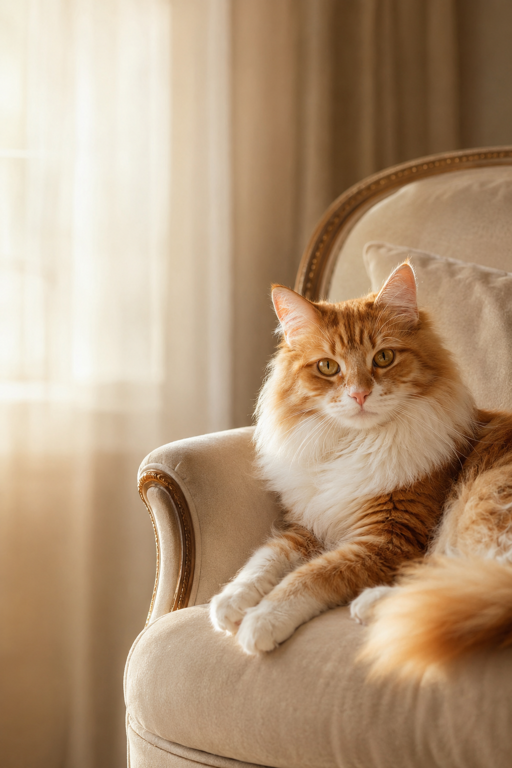 A relaxed long-haired cat in warm golden window light